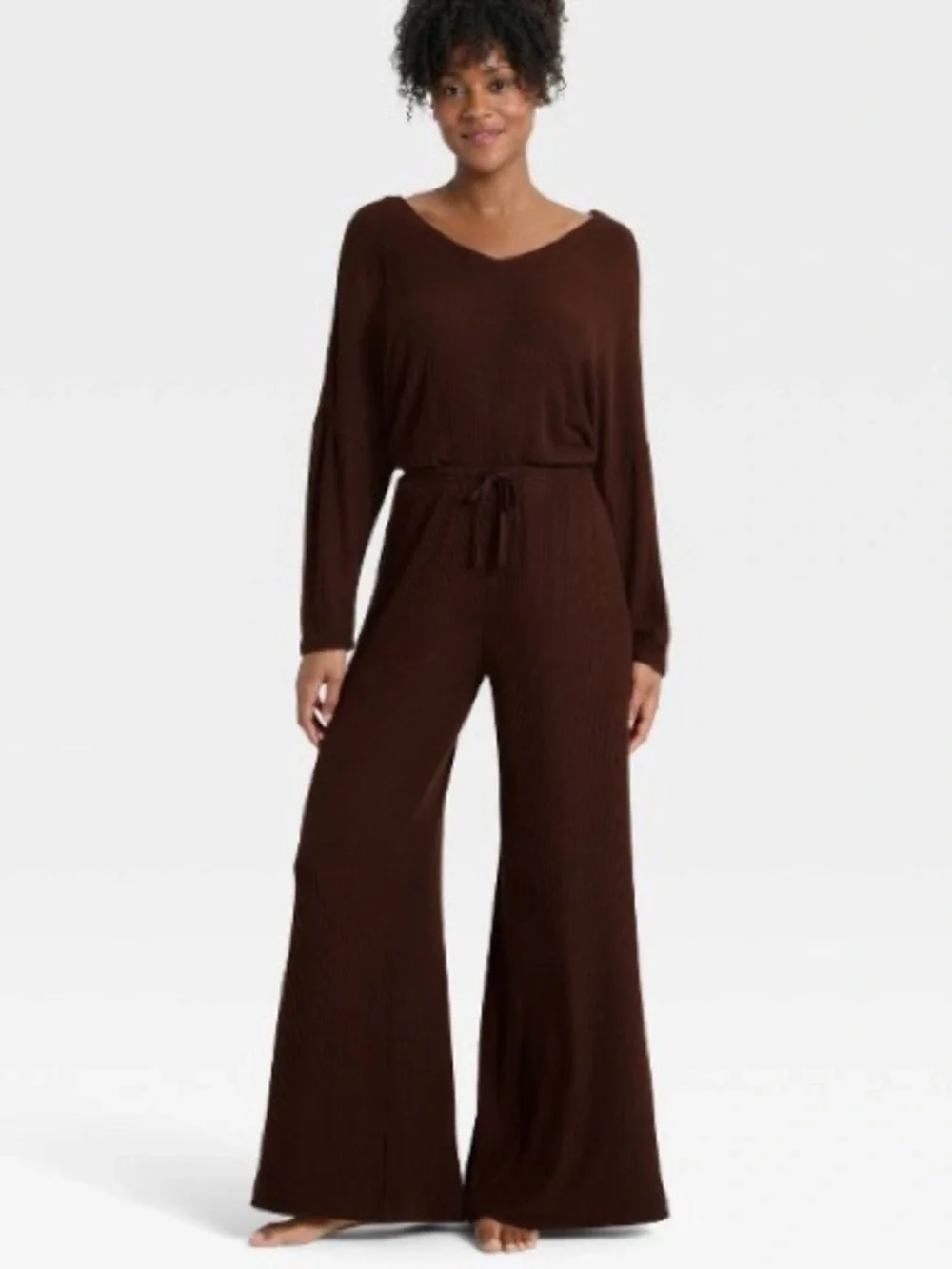 Auden Brown Cozy Ribbed Wide Leg Pants Pajama Lounge - Picture 3 of 4